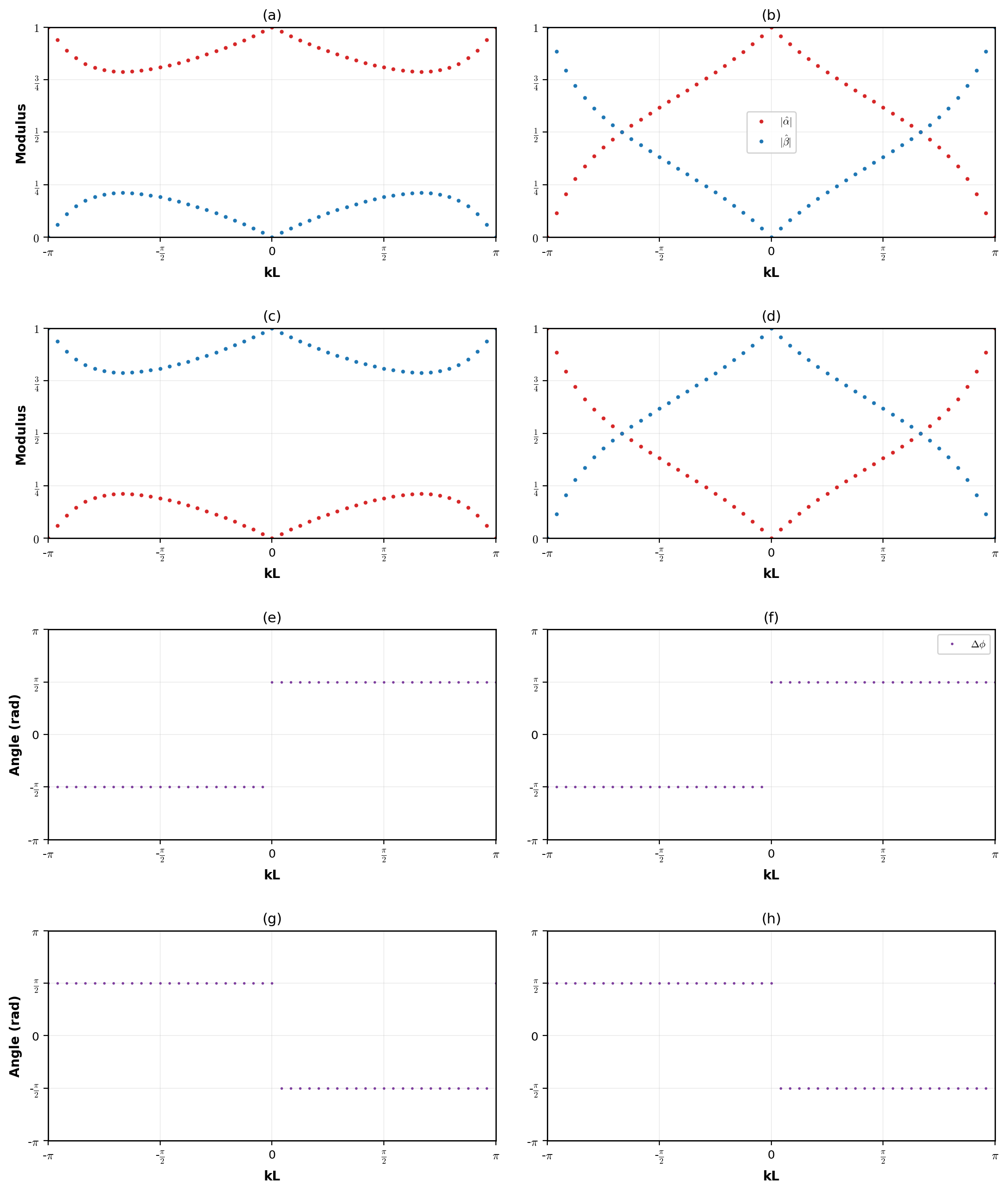 <strong>Top Panel:</strong> Modulus of complex amplitudes \(|\hat\alpha|\) and \(|\hat\beta|\) of two mutually orthogonal states \(|E_1\rangle\) and \(|E_2\rangle\). <strong>Bottom Panel:</strong> phase difference between the amplitude moduli.